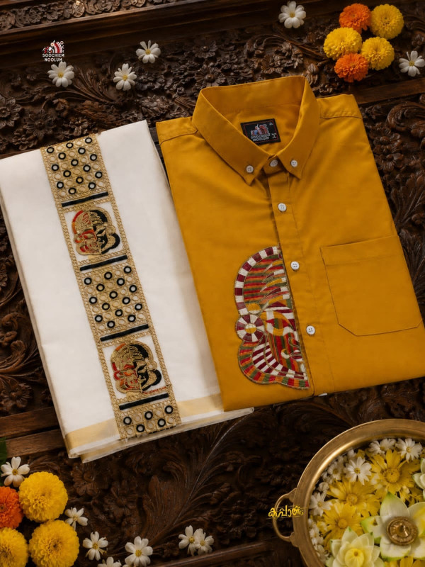 MARIGOLD KATHAKALI EMBROIDERY HALF PATCH SHIRT -  DOUBLE GOLDEN COTTON KASAVU DHOTI COMBO