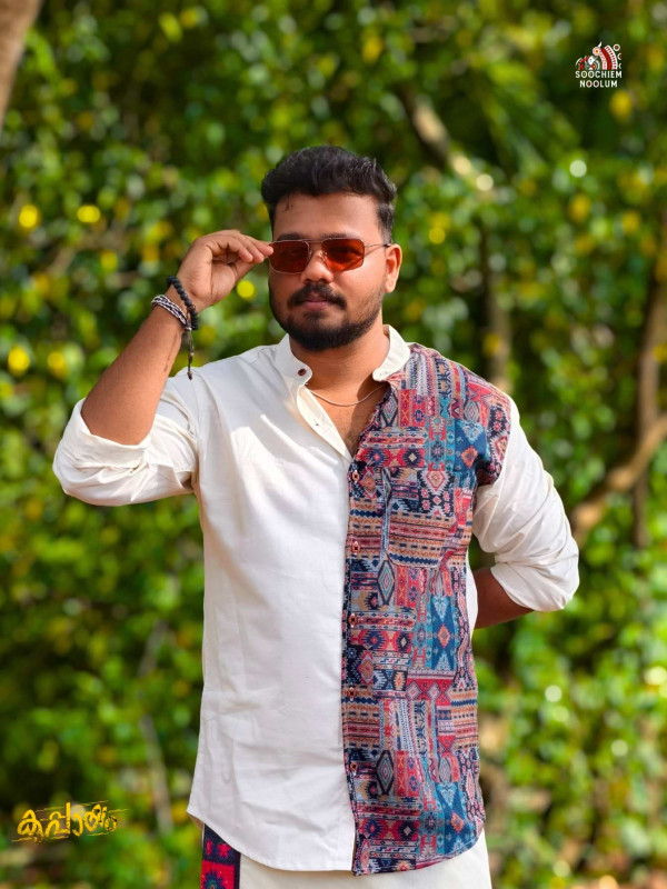 White Premium Designer Half Patch Shirt+ Single kasavu Dhotie Combo[COMBO00081]