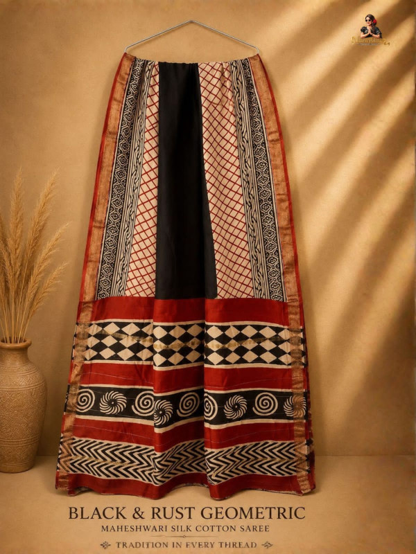Black & Rust Geometric Maheshwari Silk Cotton saree [SAREE0000280]