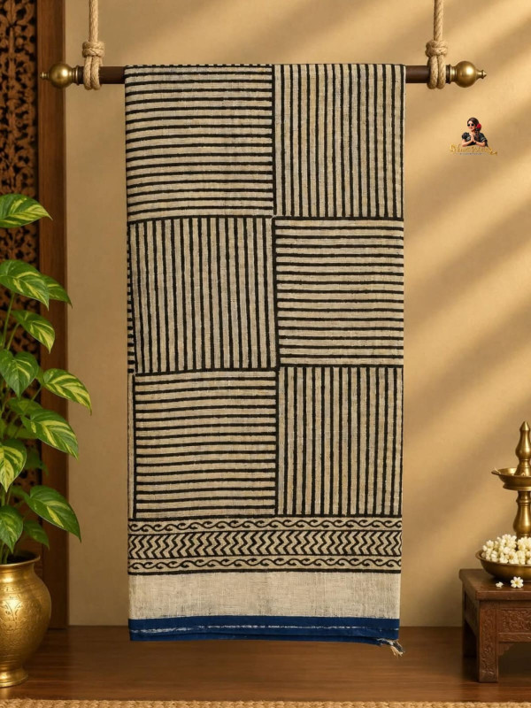 LINEN SAREE - NATURAL BEIGE WITH BLACK GEOMETRIC STRIPES