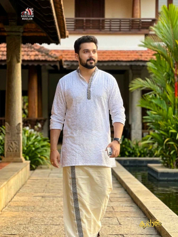 White Premium Embroidered Long Kurta + Golden Kasavu Double Cotton Dhoti Combo[KURTACOMBO00057]