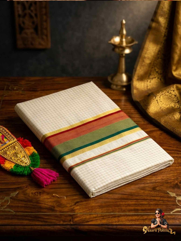 Small Arani Checks Cotton Kasavu Saree with Two Color Kara - Maroon and Green [SAREE0000133]