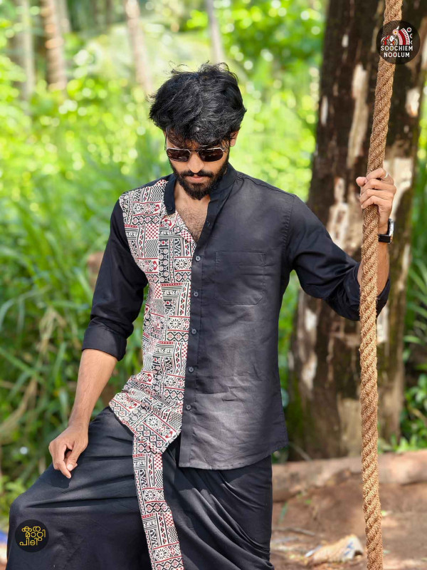 Black Premium Designer Half Patch Shirt+ Single Cotton Dhotie Combo[COMBO00036]