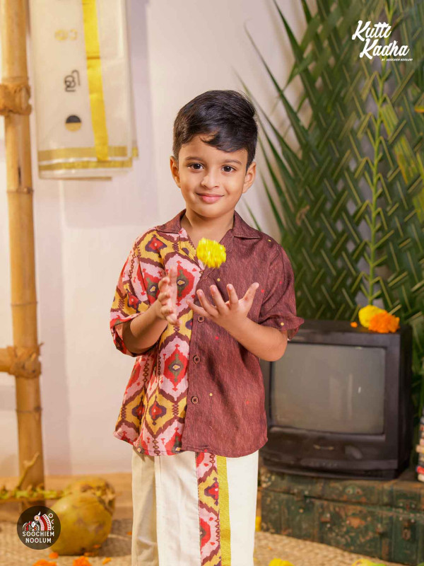 NIRAKKOOTT-Brown Ikat Shirt + Dhoti Combo For Kids