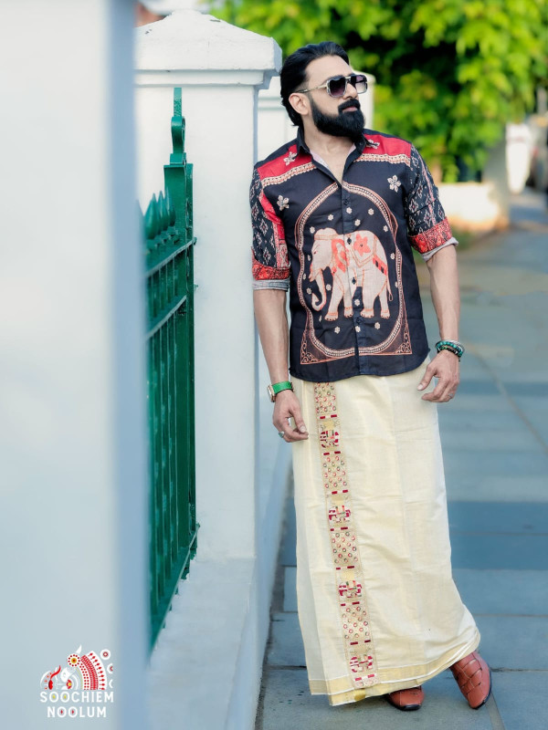 DESIGNER PREMIUM SHIRT -  DOUBLE GOLDEN TISSUE KASAVU DHOTI COMBO