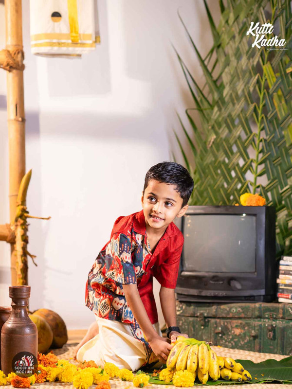 NIRAKKOOTT-Red Ikat Shirt For Kids