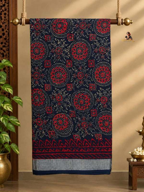 LINEN SAREE -DEEP NAVY BLUE & RED