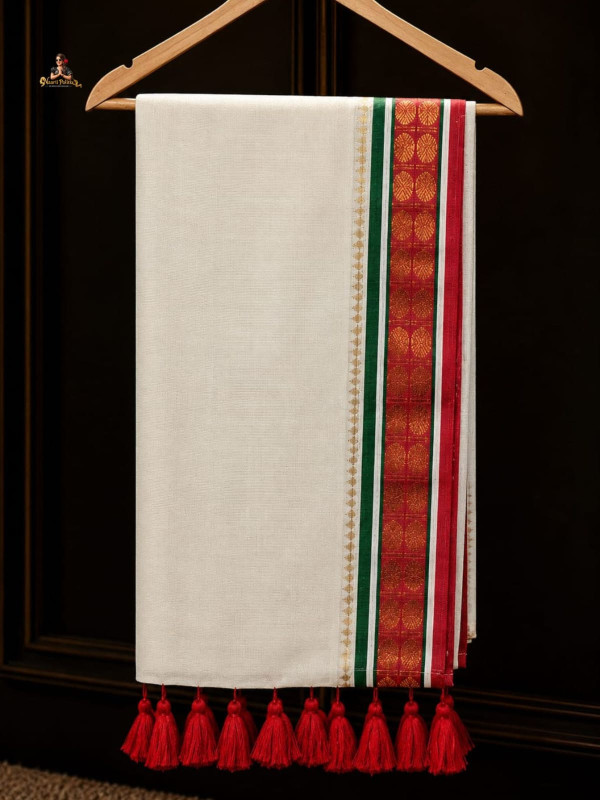 MUL COTTON SAREE -  OFF WHITE & DEEP RED (MAROON) WITH ANTIQUE GOLD ZARI, EMERALD GREEN & SILVER STRIPES