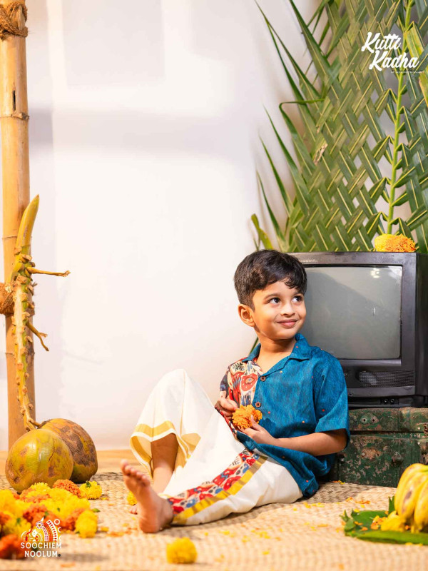 NIRAKKOOTT-Blue Ikat Shirt For Kids
