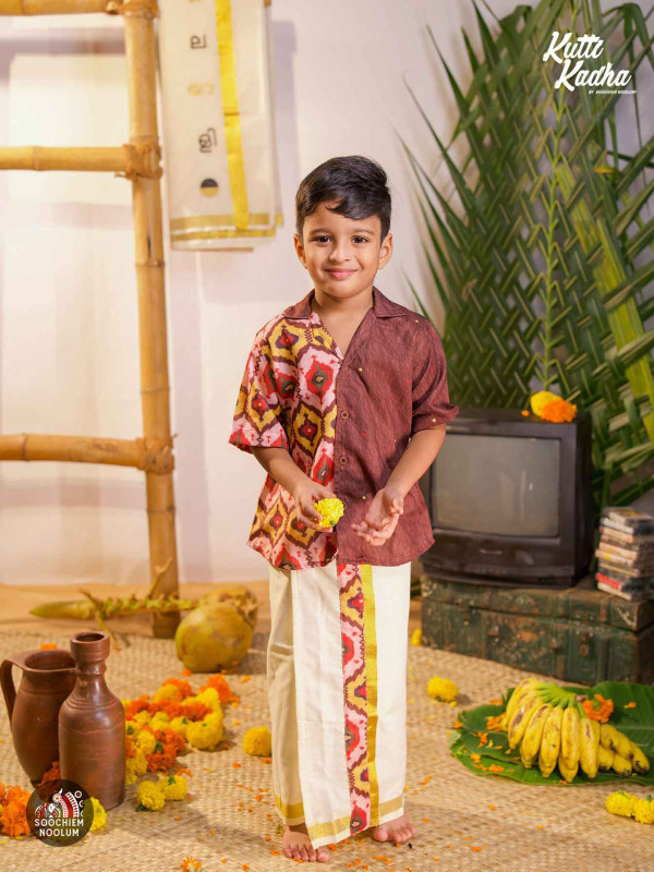 NIRAKKOOTT-Brown Ikat Shirt For Kids