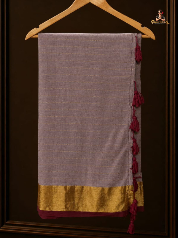 MUL COTTON SAREE  -  DUSTY MAUVE WITH GOLDEN ZARI BORDER