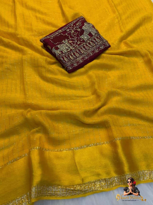 Pure Viscose Georgette saree with weaving chex and satin border - Yellow [SAREE0000176]