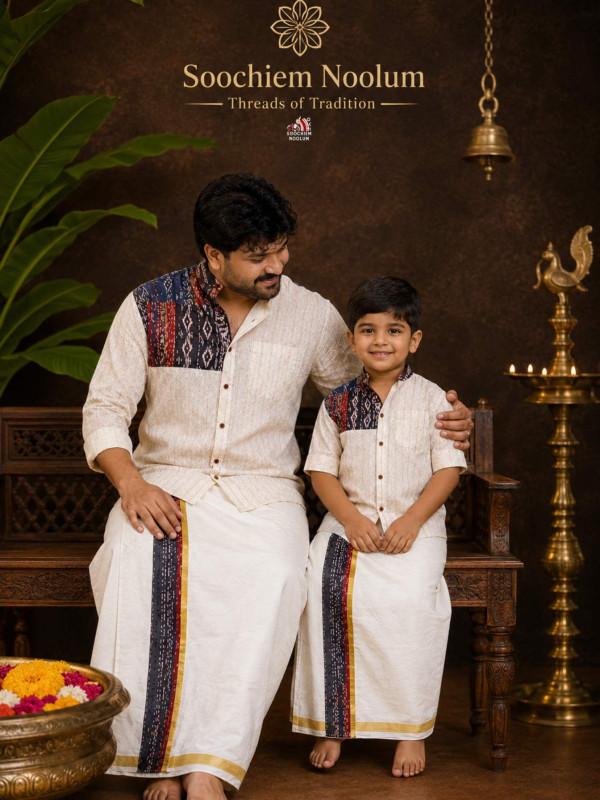 DAD & SON -  DESIGNER PREMIUM SHIRT + GOLDEN KASAVU COTTON DOUBLE DHOTI COMBO