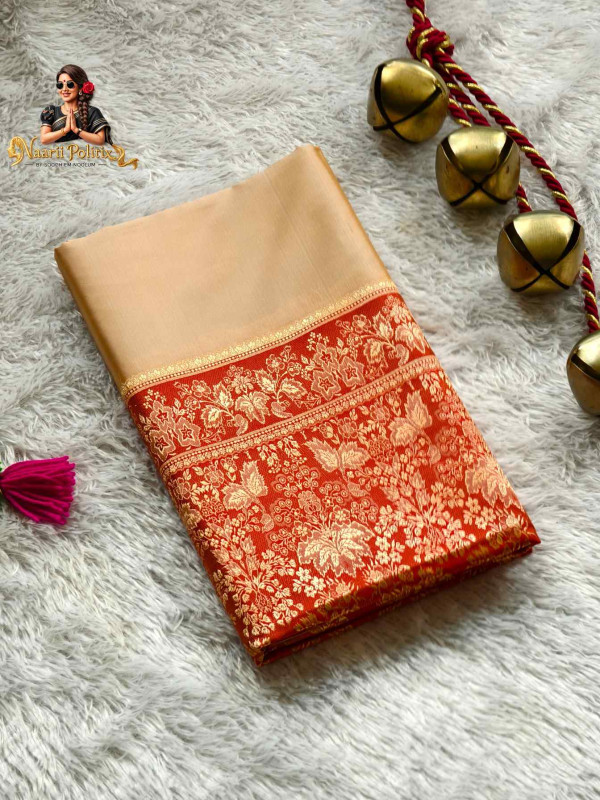 Pure Mulberry Silk Saree in Light Gold and Reddish Orange [SAREE000034]