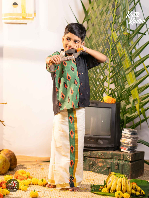 NIRAKKOOTT-Black Ikat Shirt + Dhoti Combo For Kids