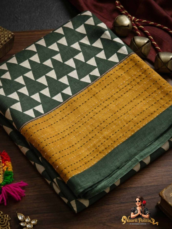Fancy cotton Saree Work With Kantha Work- Green [SAREE0000100]