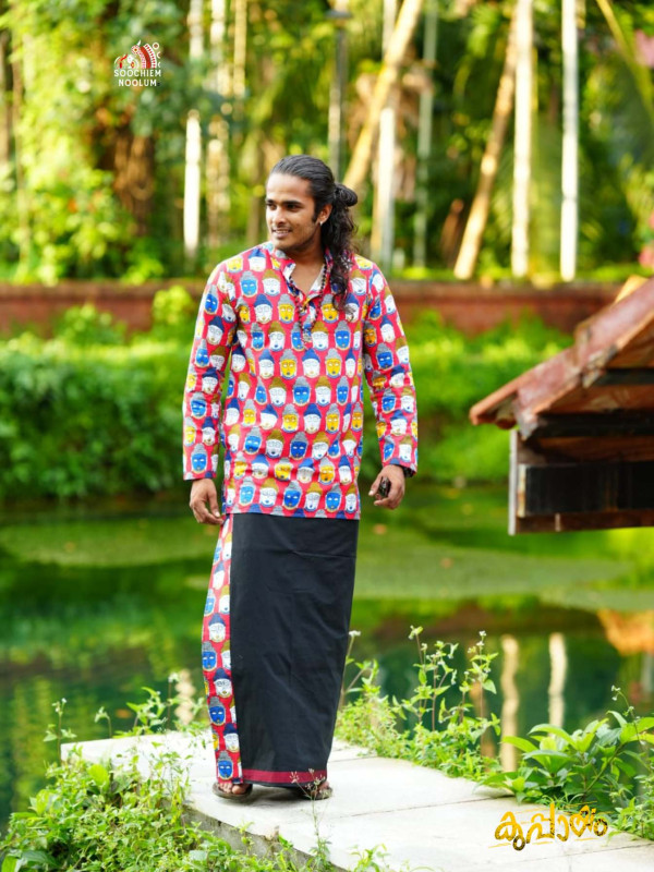 Red Buddha Premium Designer Kurta + Black Premium Cotton Dhothi[KURTACOMBO0008]