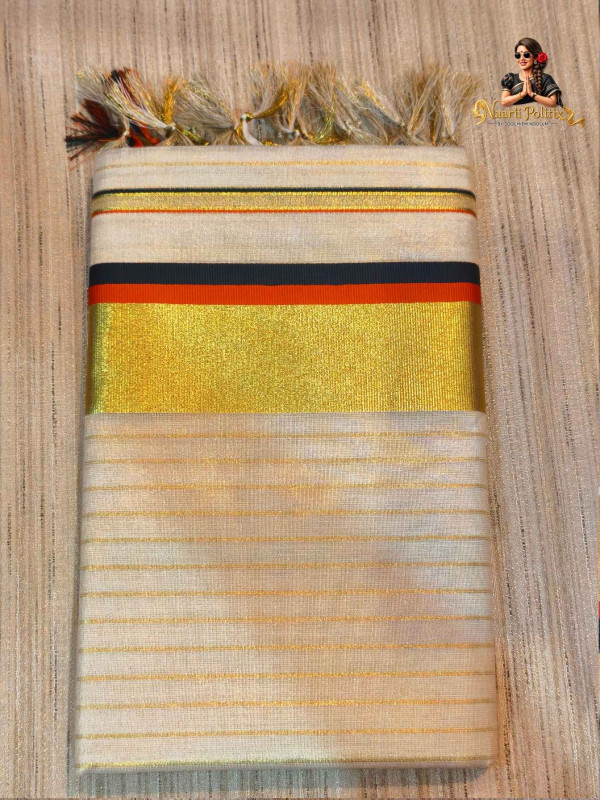 Striped Tissue Kasavu Saree 2 color Kara - Black and Red [SAREE000086]