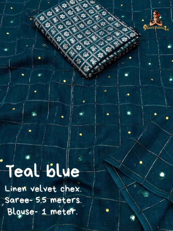 Soft Linen Saree With Weaving Chex Of Velvet Thread - Teal Blue [SAREE0000187]