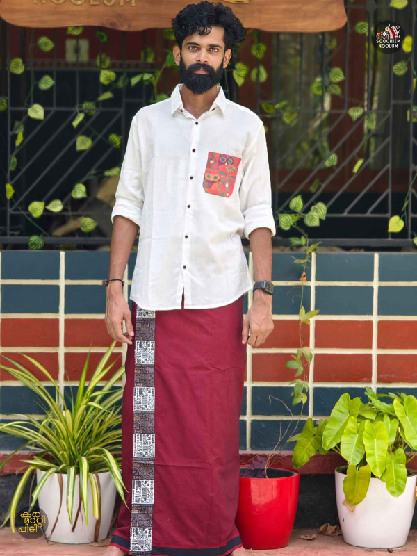 White Designer Pocket patch Shirt- Single Cotton Dhoti Combo[COMBO000128]