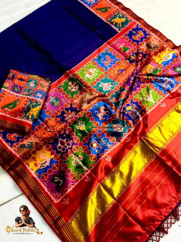 Handloom Silk Patola With Trending Designs & Lagadi Patta &Weaved Zari Border &Tassels - Blue [SAREE0000192]