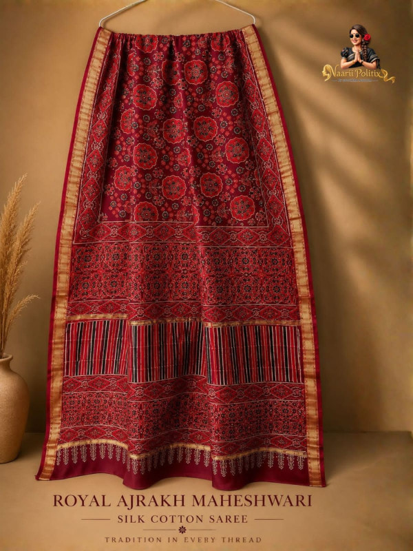 Royal Ajrakh Maheshwari Silk Cotton saree - Royal Maroon Red & Black [SAREE0000274]