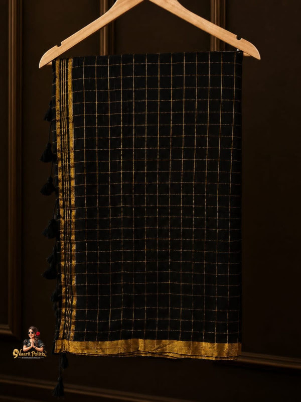 MUL COTTON SAREE - BLACK WITH GOLD CHECKS