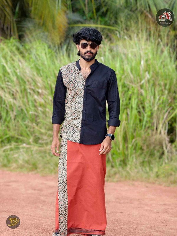 Black Premium Designer Half Patch Shirt+ Single Cotton Dhotie Combo[COMBO00038]