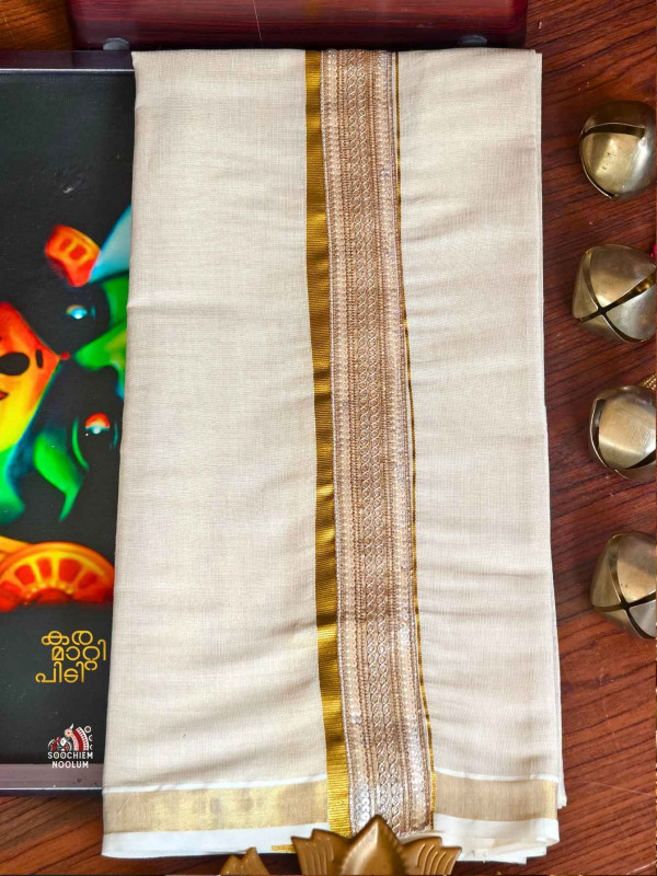 Golden Kasavu Colour Full Embroidery Designer Premium Double Dhoti[DOUBLE00039]