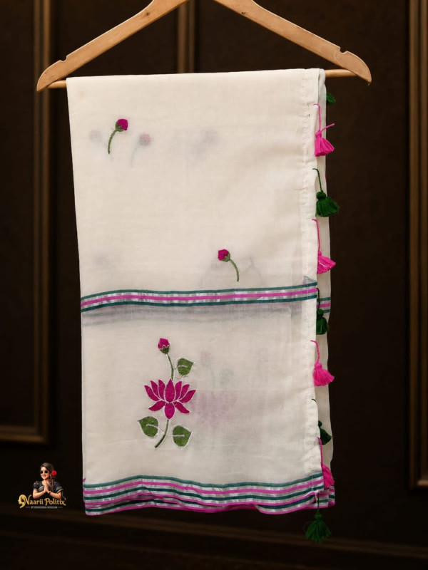 MUL COTTON SAREE  -  OFF WHITE WITH PINK & GREEN FLORAL MOTIFS