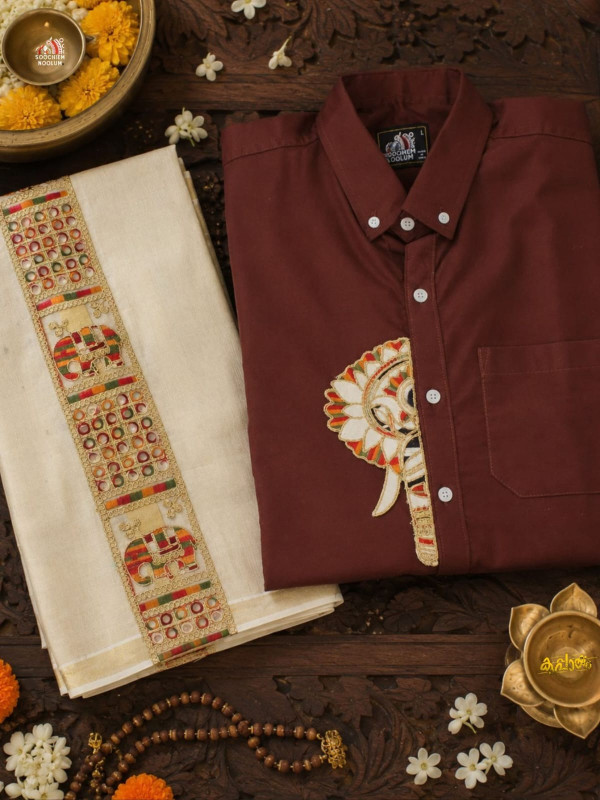 ELEPHANT EMBROIDERY HALF PATCH SHIRT -  DOUBLE GOLDEN TISSUE KASAVU DHOTI COMBO