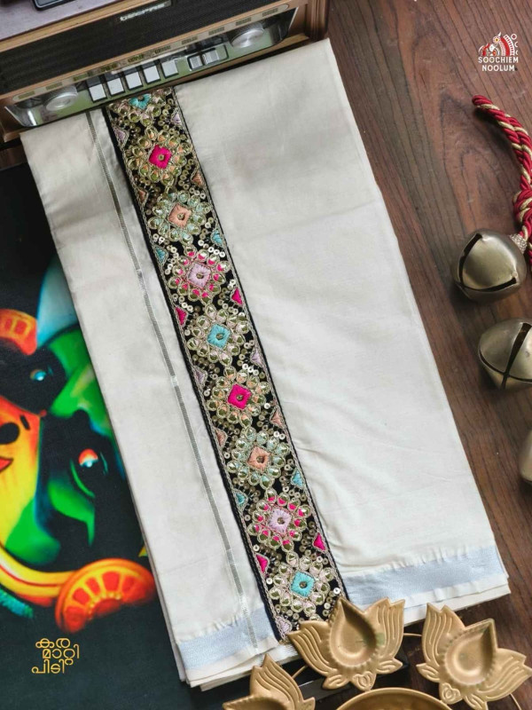 SILVER KASAVU EMBROIDERY DESIGNER PREMIUM DOUBLE COTTON DHOTI