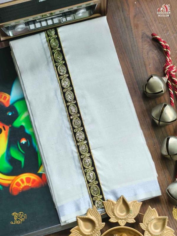 SILVER KASAVU EMBROIDERY DESIGNER PREMIUM SINGLE TISSUE DHOTI