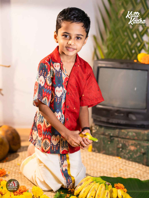 NIRAKKOOTT-Red Ikat Shirt + Dhoti Combo For Kids