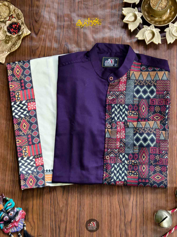 Purple Premium Designer Half Patch Shirt+ Single Cotton Dhotie Combo[COMBO00088]