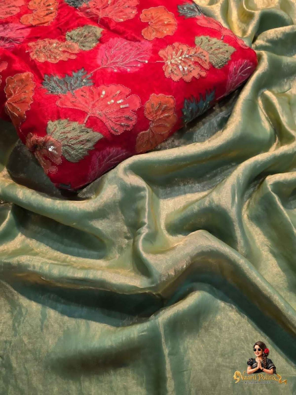 Space Sattin Saree with Postion Digital Print Blouse -Olive Green [SAREE0000216]