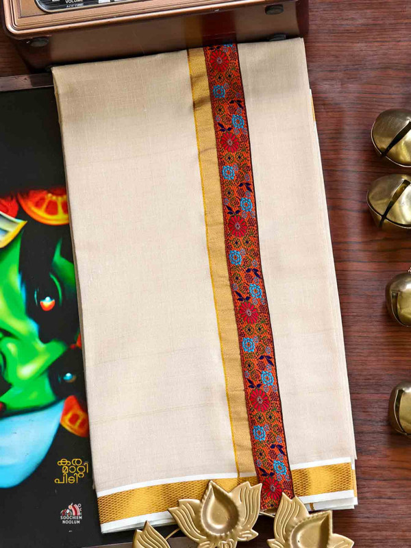 Multi Colour Embroidery Gold Kasavu Tissue Premium Single Dhoti