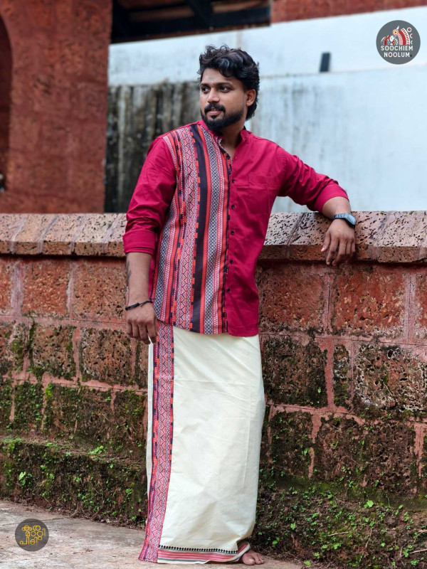 Red Maroon Premium Designer Half Patch Shirt+ Single Cotton Dhotie Combo[COMBO00064]