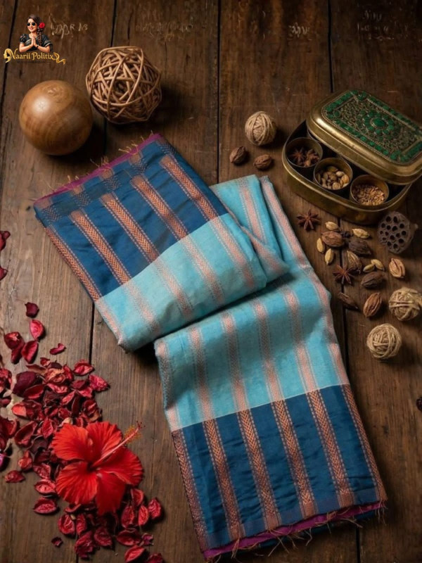 Semi Silk Saree - Sky Blue with Navy Blue  [SAREE0000197]