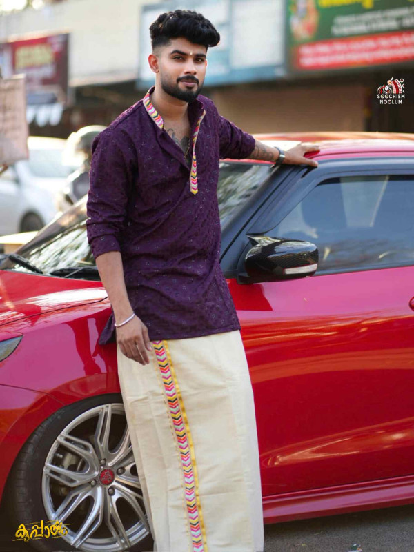 FESTIVE SPECIAL PREMIUM DESIGNER KURTA + GOLDEN KASAVU DOUBLE DHOTI COMBO