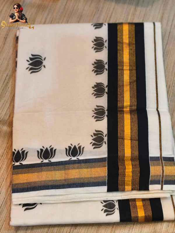 Hand Blocked Thamara Cotton Kasavu Saree Single Color - Black [SAREE0000108]