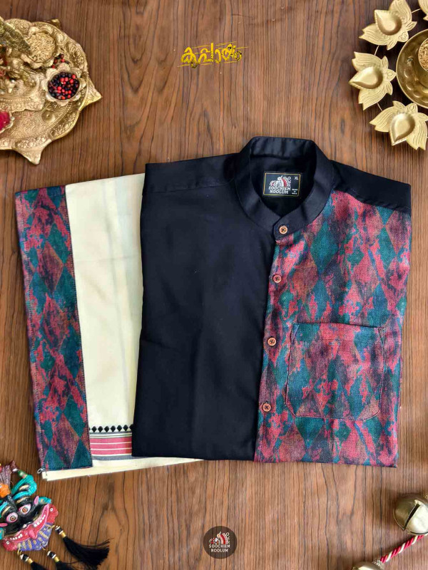 Premium Designer Patch Shirt+ Single Cotton Dhotie Combo