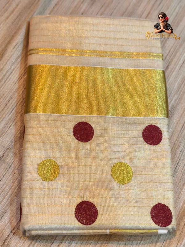 Embroidered Polka Dots Tissue Kasavu - Maroon and Gold [SAREE000091]