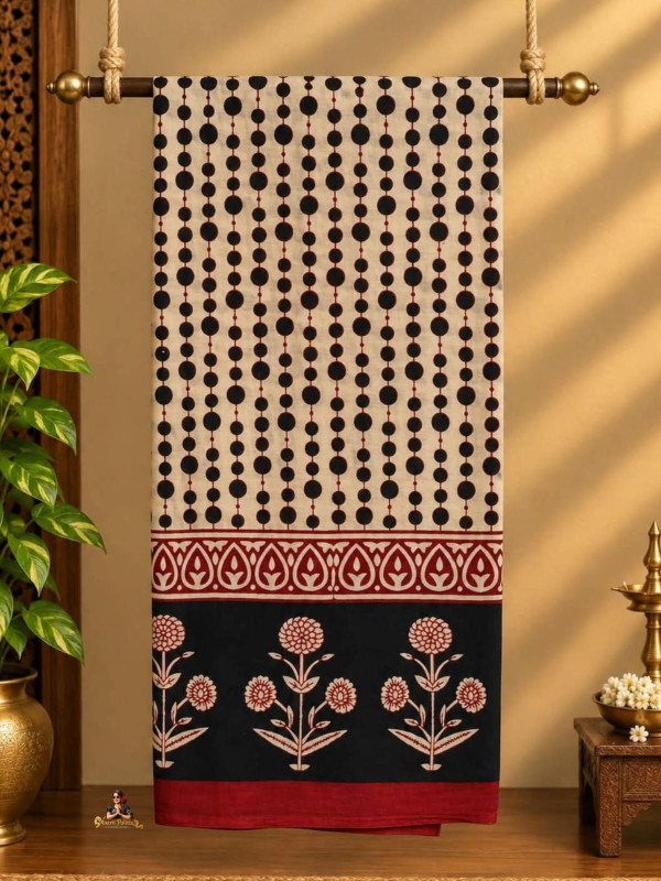 JAIPUR MUL MUL COTTON SAREE - IVORY WITH BLACK