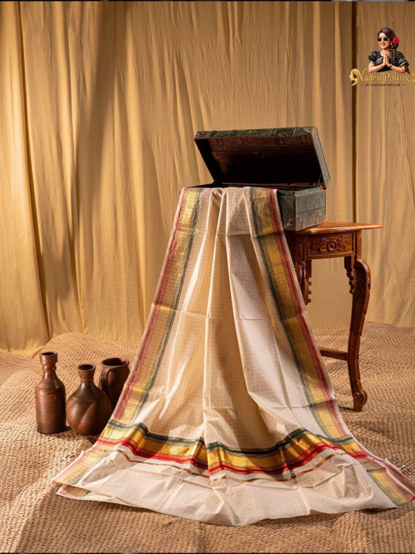 Small Arani Checks Cotton Kasavu Saree with Two Color Kara - Maroon and Green [SAREE0000111]