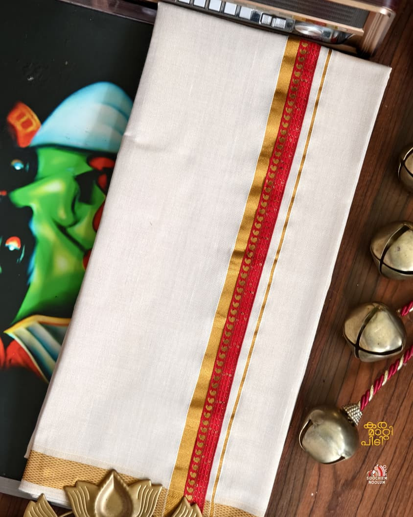 Tissue Golden Kasavu Colour Full Embroidery Designer Premium Single Dhoti[SINGLE000152]