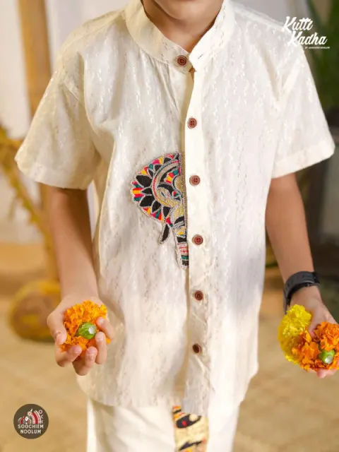 Elephant Embroidery Patch Off White Shirt For Kids[KSHIRT0009]