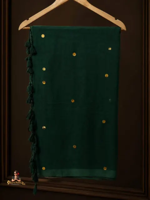 MUL COTTON SAREE  - DEEP EMERALD GREEN WITH GOLD MOTIFS