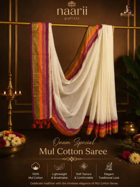 MUL COTTON SAREE - OFF WHITE WITH GOLD ZARI ORANGE & MAGENTA BORDER