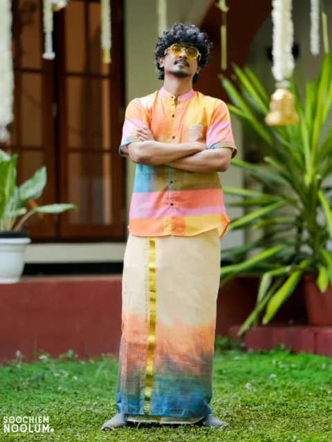 COLOUR KALAM-DESIGNER PREMIUM SHIRT -  DOUBLE GOLDEN TISSUE KASAVU DHOTI COMBO